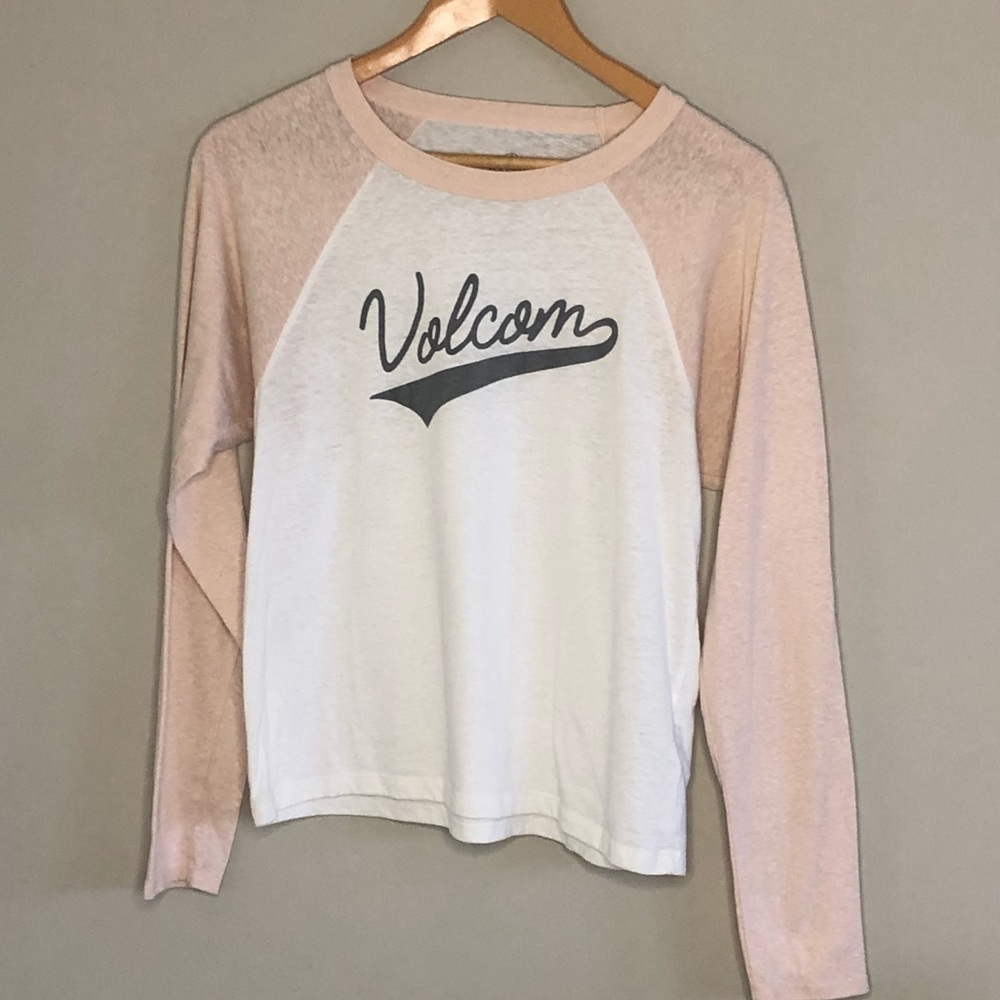 Volcom White and Light Pink Long Sleeve Raglan Tee